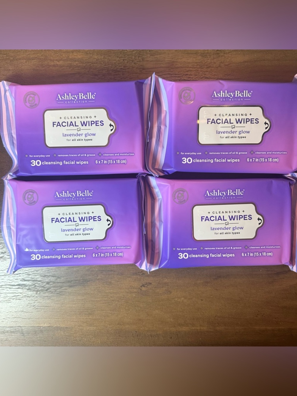 Ashley Belle Cleansing Facial Wipes Lavender Glow 4 Packs (30 Sheets/Pk) NEW